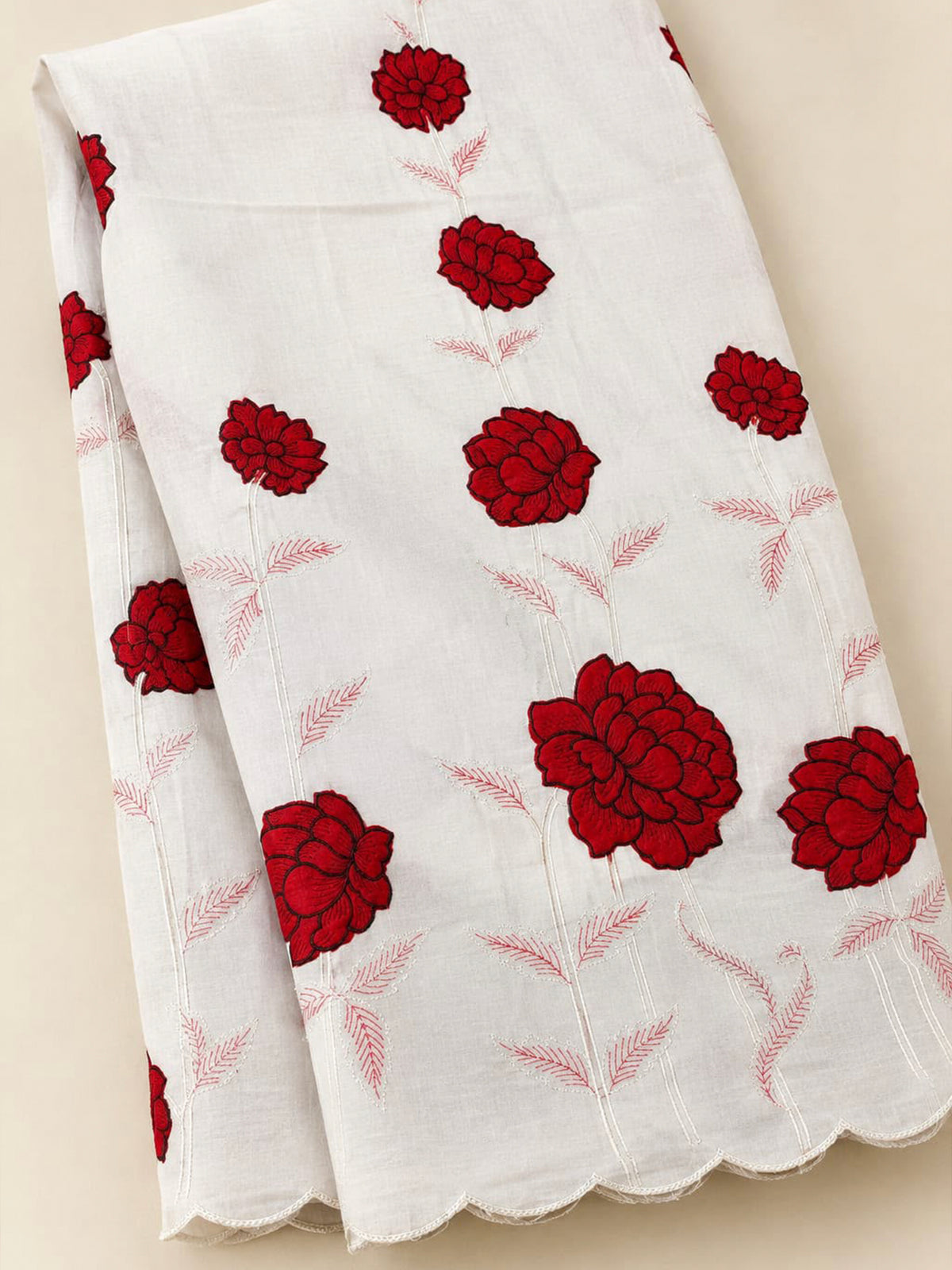 White Chanderi Fabric with Red Floral Patchwork