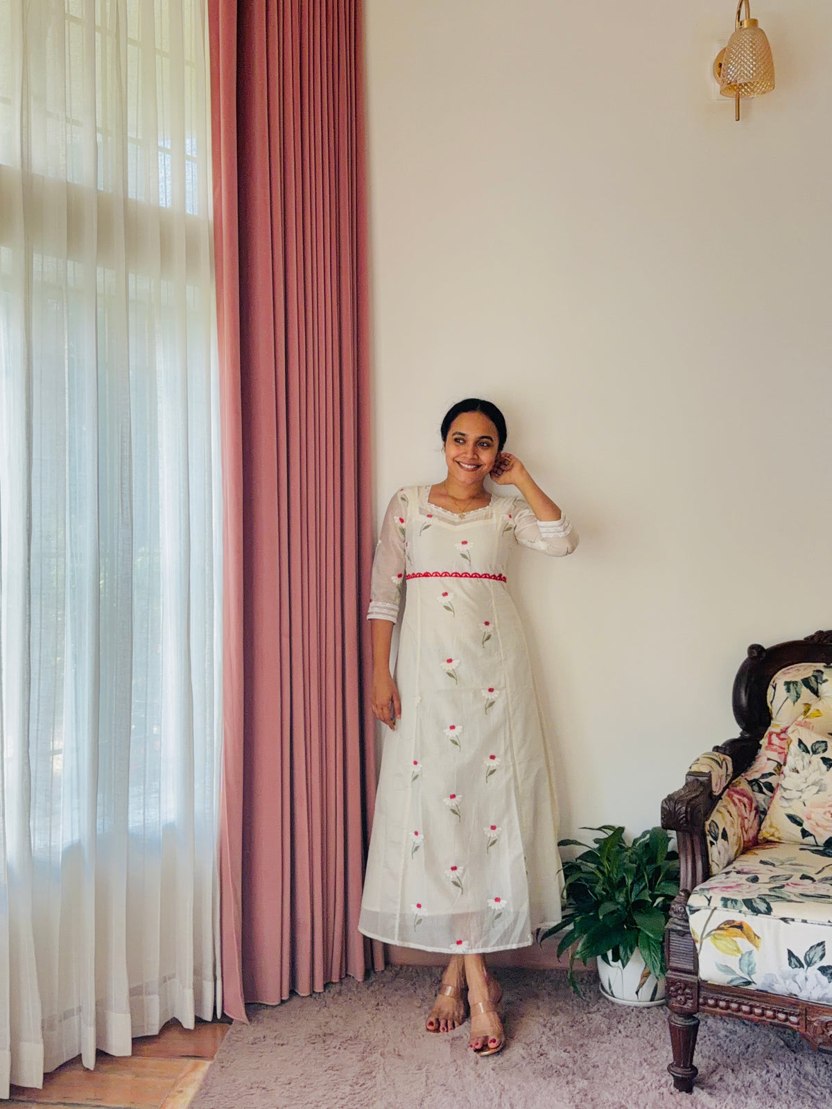 Chanderi White & Red Blossom