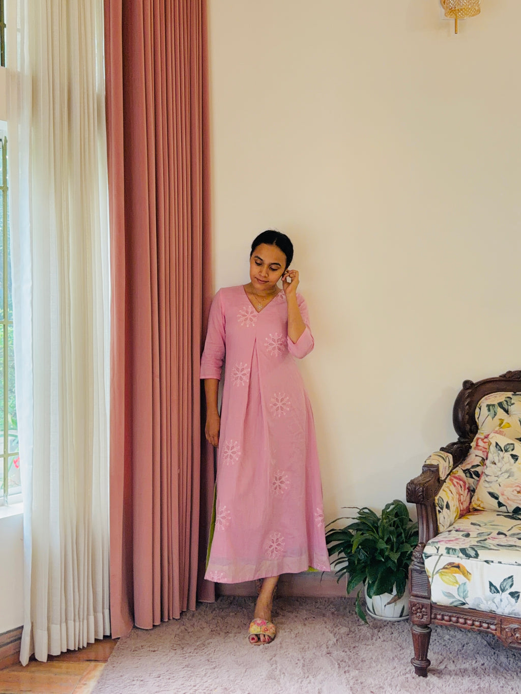 Pink Chanderi Dress with Parrot Green Twist
