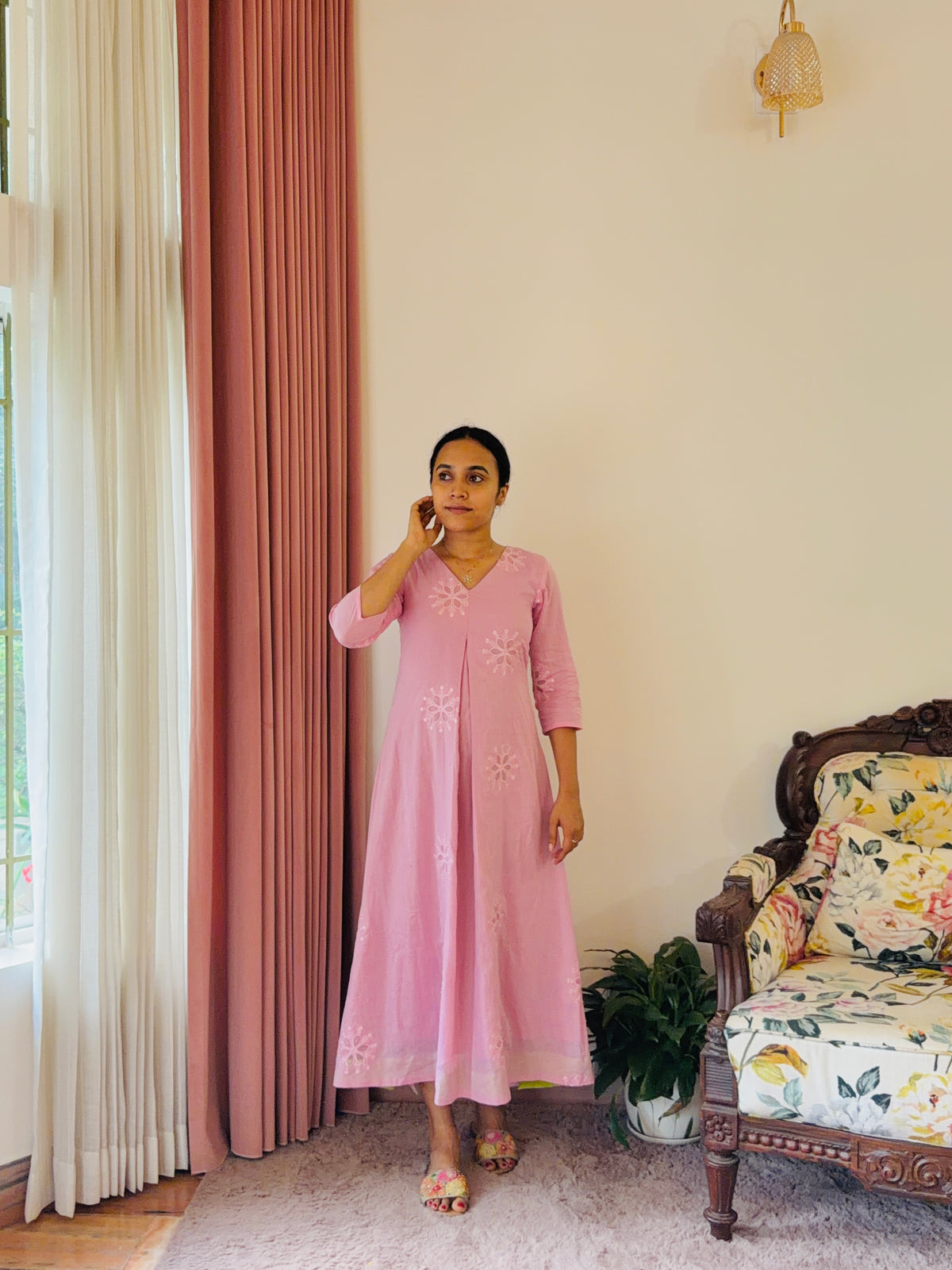 Pink Chanderi Dress with Parrot Green Twist
