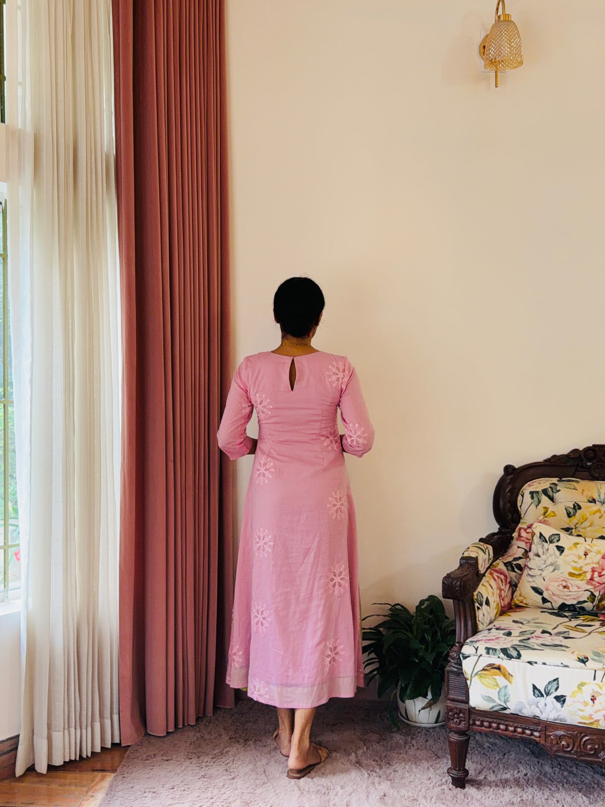 Pink Chanderi Dress with Parrot Green Twist