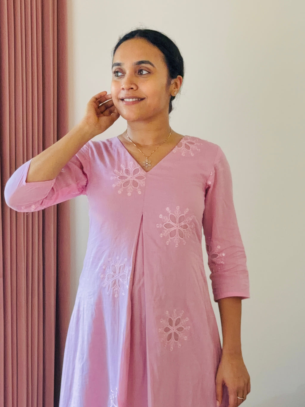 Pink Chanderi Dress with Parrot Green Twist