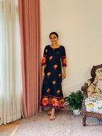 Dark Blue Dress with Yellow, Orange & Pink Fusion