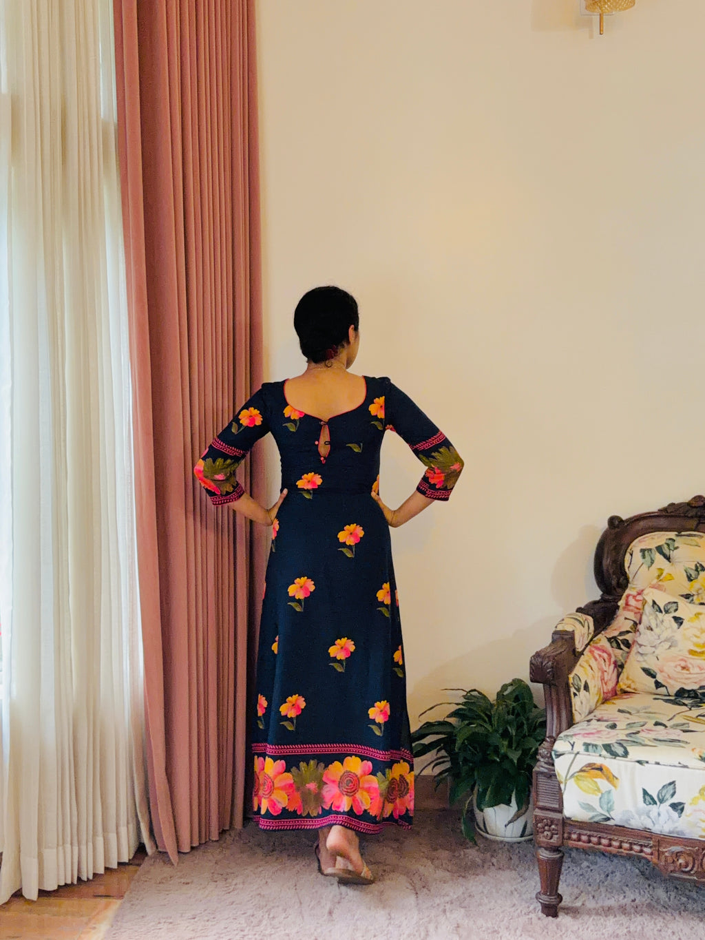 Dark Blue Dress with Yellow, Orange & Pink Fusion