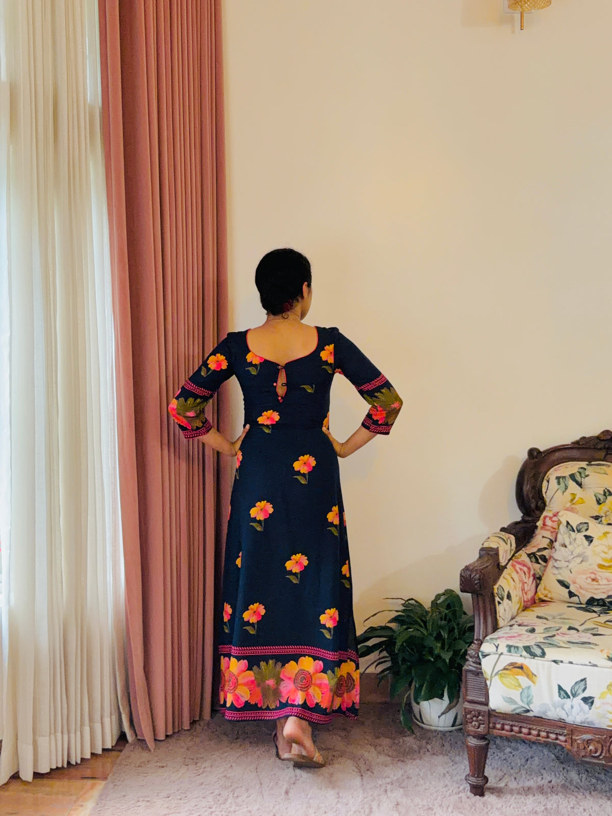 Dark Blue Dress with Yellow, Orange & Pink Fusion