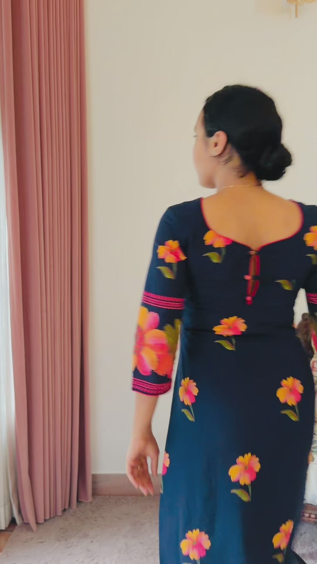 Dark Blue Dress with Yellow, Orange & Pink Fusion